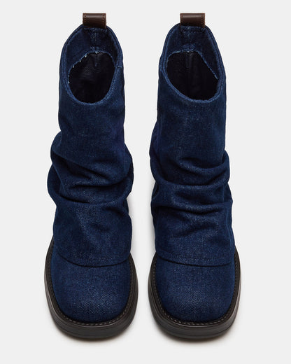 BENJI Denim Fabric Cuffed Fold-Over Moto Buckle Women's Ankle Boot | Steve Madden