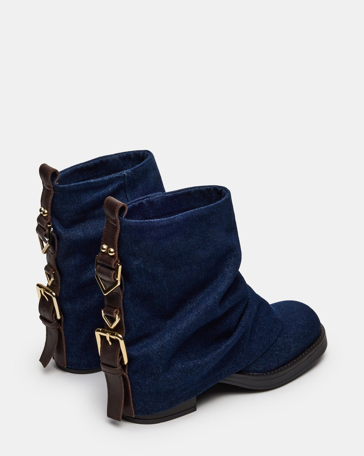 BENJI Denim Fabric Cuffed Fold-Over Moto Buckle Women's Ankle Boot | Steve Madden