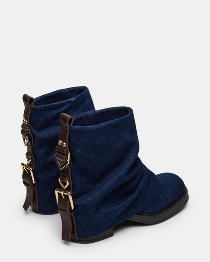 BENJI Denim Fabric Cuffed Fold-Over Moto Buckle Women's Ankle Boot | Steve Madden