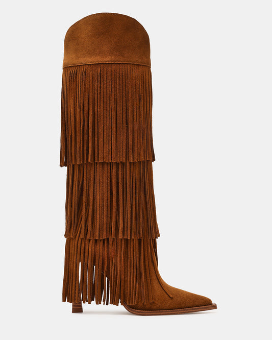 KINZEE Fringe Chestnut Suede Pointed-Toe Knee-High Western Stiletto Women's Boot | Steve Madden