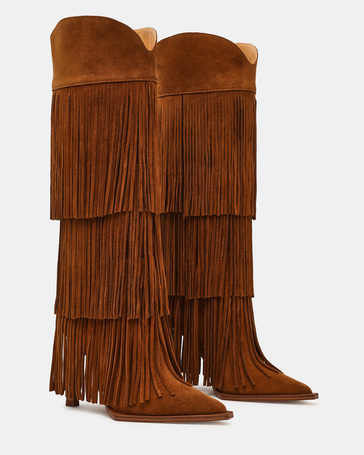KINZEE Fringe Chestnut Suede Pointed-Toe Knee-High Western Stiletto Women's Boot | Steve Madden