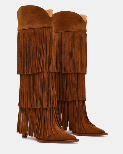 KINZEE Fringe Chestnut Suede Pointed-Toe Knee-High Western Stiletto Women's Boot | Steve Madden