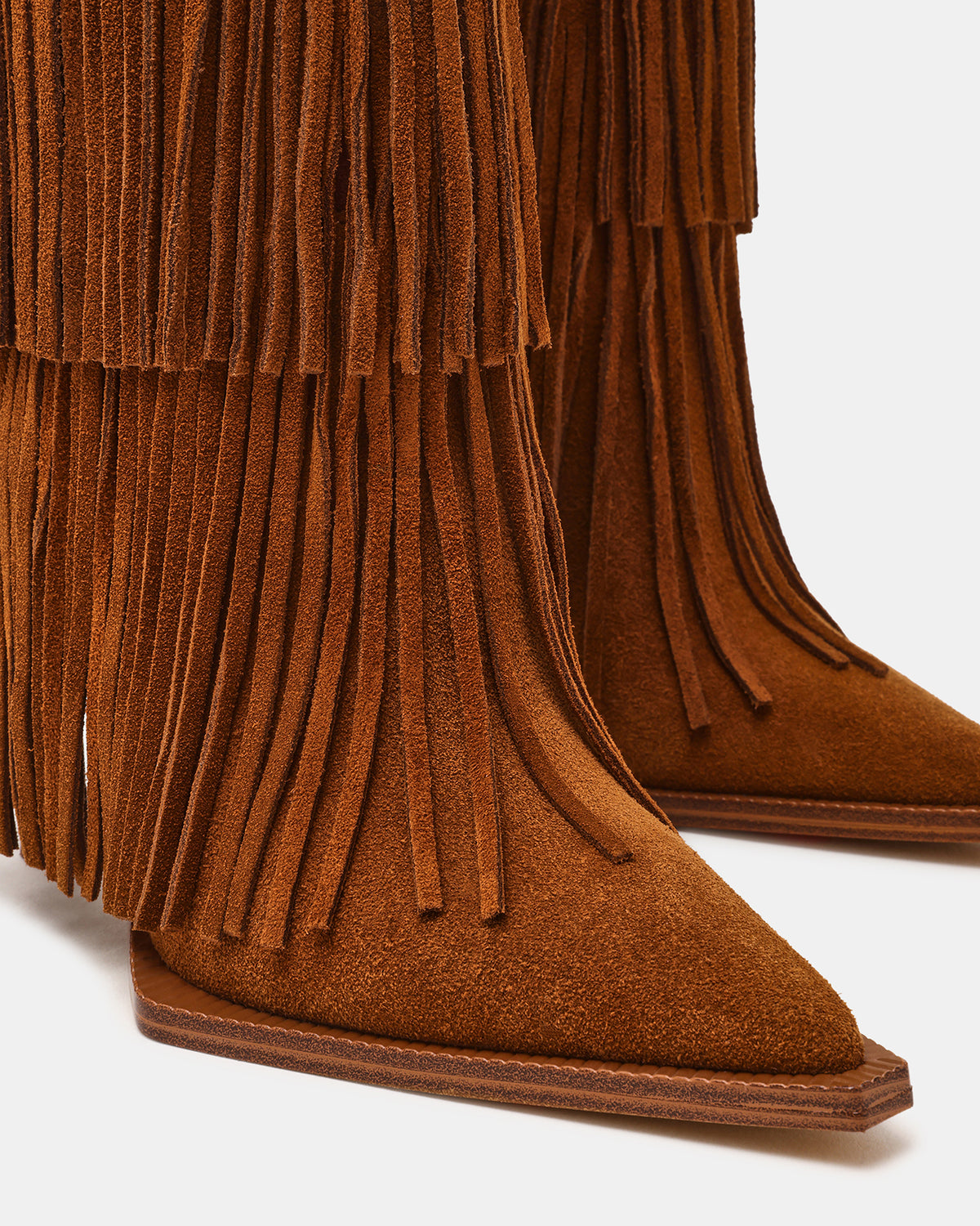 KINZEE Fringe Chestnut Suede Pointed-Toe Knee-High Western Stiletto Women's Boot | Steve Madden
