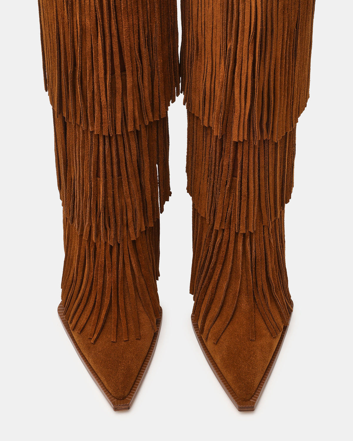 KINZEE Fringe Chestnut Suede Pointed-Toe Knee-High Western Stiletto Women's Boot | Steve Madden