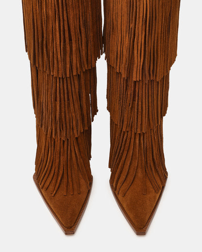 KINZEE Fringe Chestnut Suede Pointed-Toe Knee-High Western Stiletto Women's Boot | Steve Madden
