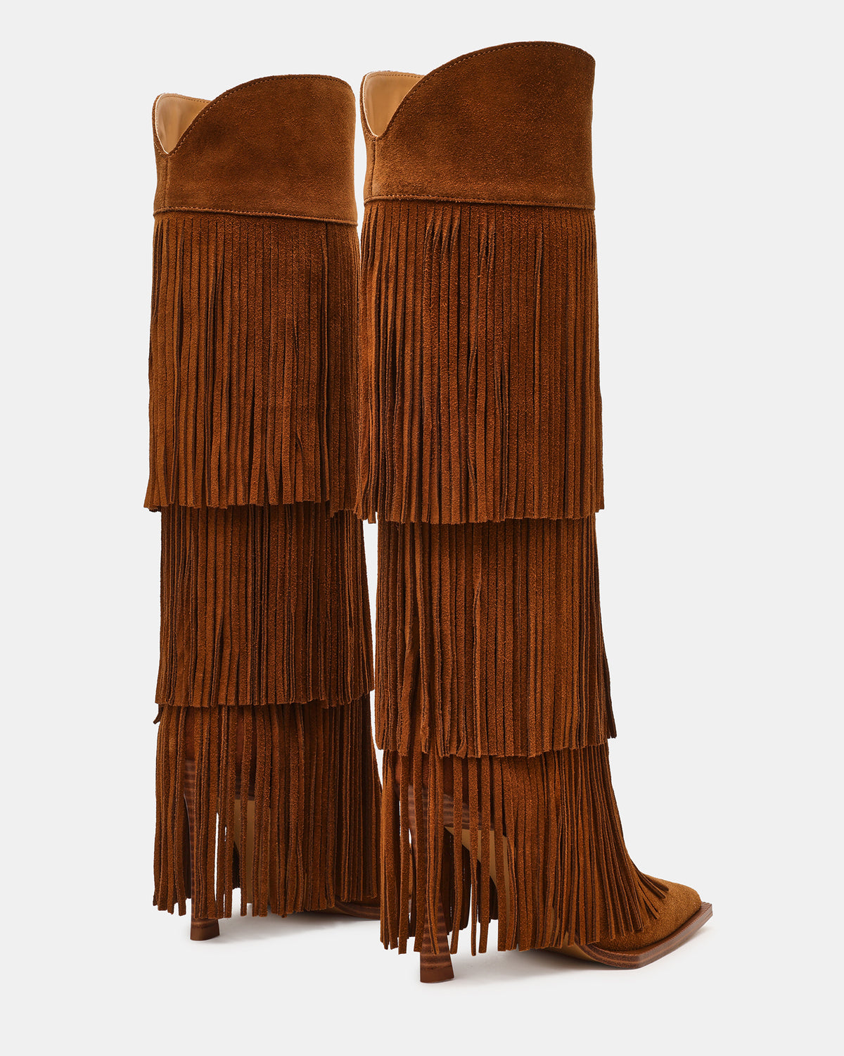 KINZEE Fringe Chestnut Suede Pointed-Toe Knee-High Western Stiletto Women's Boot | Steve Madden