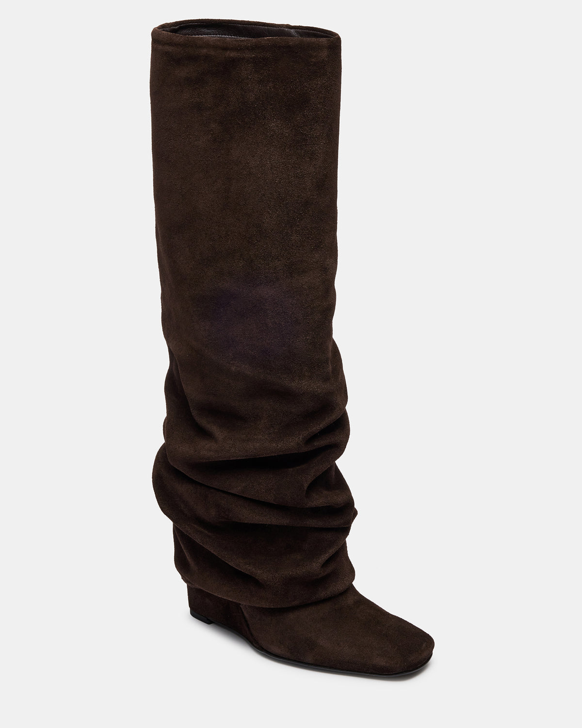 MONTANA Brown Suede Knee-High Square-Toe Wedge Fold-Over Women's Boot | Steve Madden