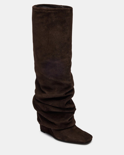 MONTANA Brown Suede Knee-High Square-Toe Wedge Fold-Over Women's Boot | Steve Madden