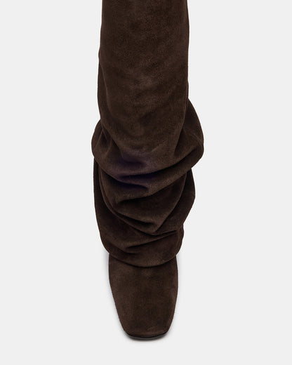 MONTANA Brown Suede Knee-High Square-Toe Wedge Fold-Over Women's Boot | Steve Madden