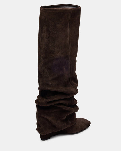 MONTANA Brown Suede Knee-High Square-Toe Wedge Fold-Over Women's Boot | Steve Madden
