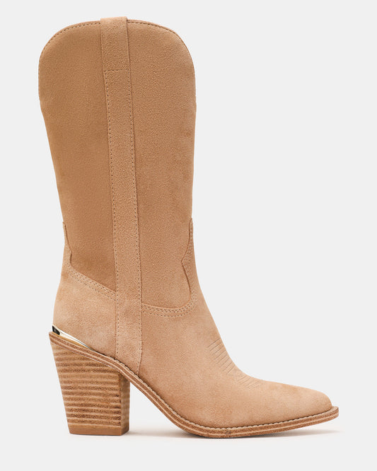 SALLY Sand Suede Pointed-Toe Western Block Heel Women's Boot | Steve Madden