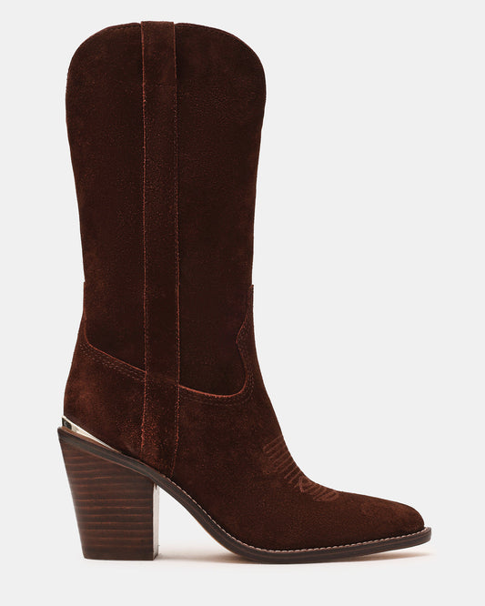 SALLY Brown Suede Pointed-Toe Western Block Heel Women's Boot | Steve Madden