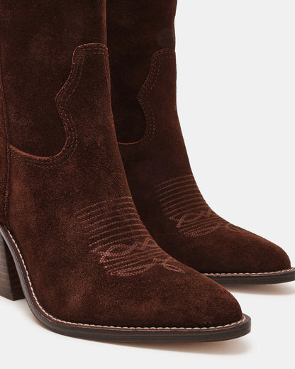 SALLY Brown Suede Pointed-Toe Western Block Heel Women's Boot | Steve Madden
