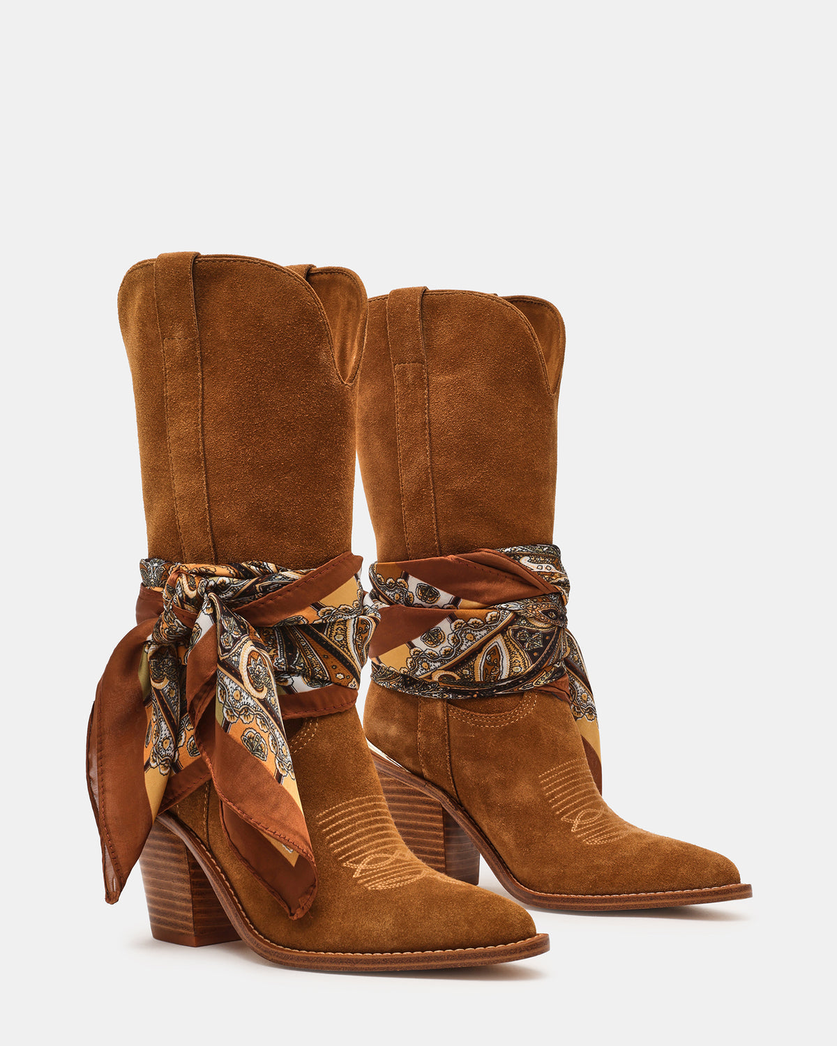 SALLY SCARF Chestnut Suede Pointed-Toe Western Block Heel Women's Boot | Steve Madden