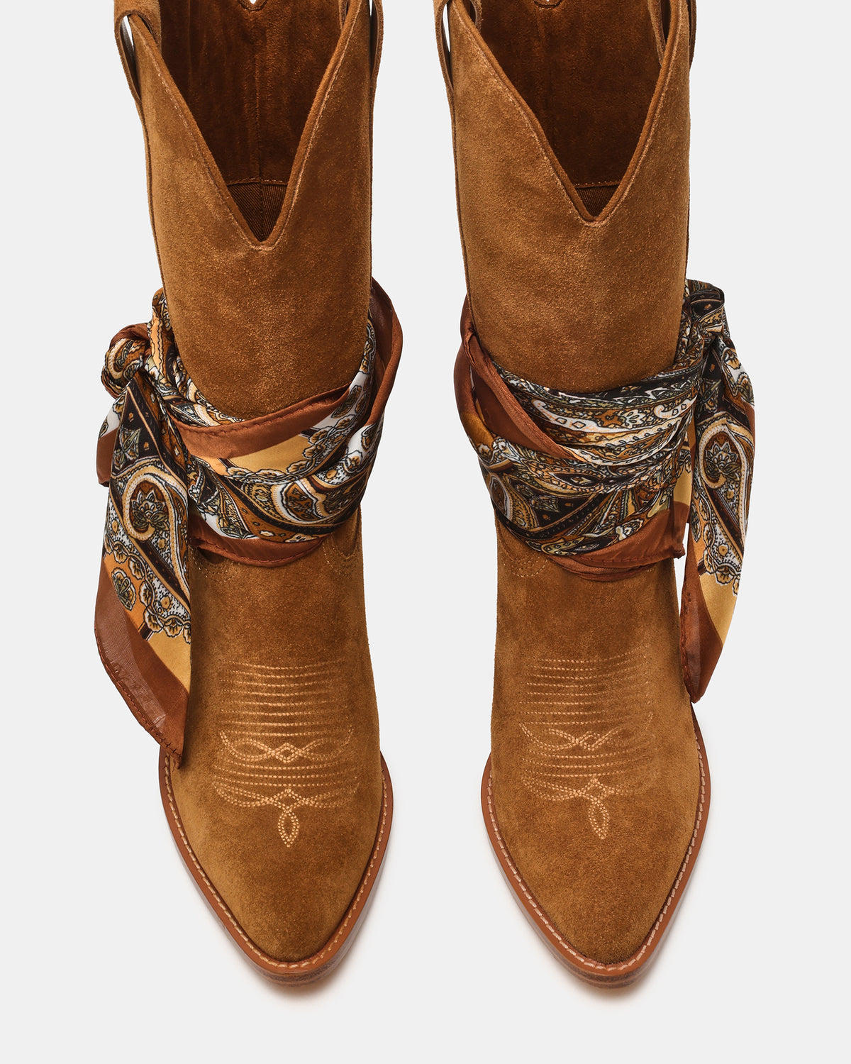 SALLY SCARF Chestnut Suede Pointed-Toe Western Block Heel Women's Boot | Steve Madden