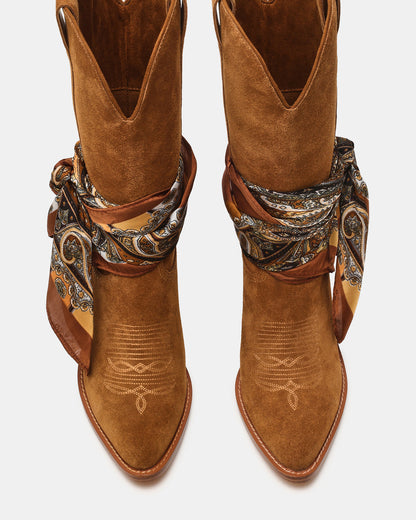SALLY SCARF Chestnut Suede Pointed-Toe Western Block Heel Women's Boot | Steve Madden