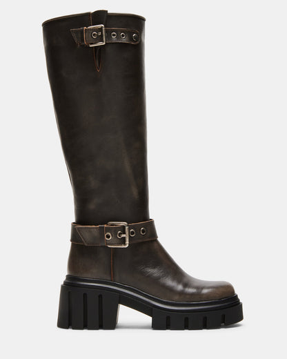 BRIGADE Brown Distressed Women's Knee-High Moto Lug Boot | Steve Madden