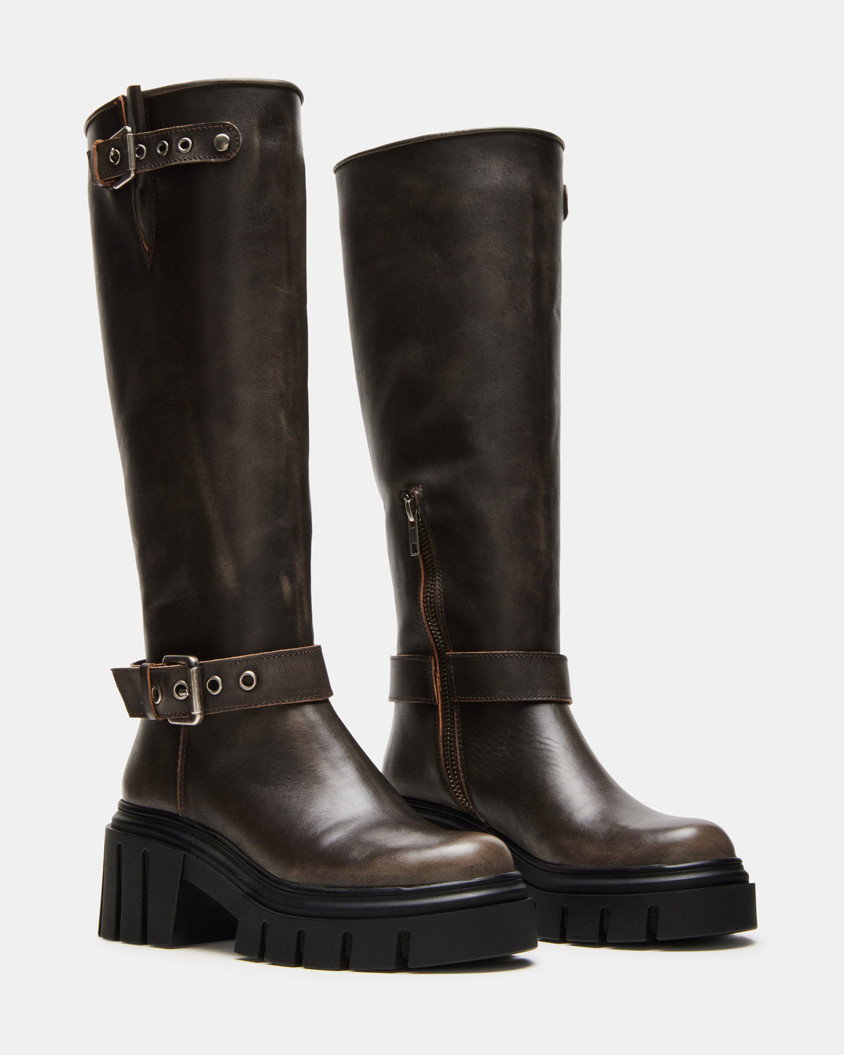 BRIGADE Brown Distressed Women's Knee-High Moto Lug Boot | Steve Madden