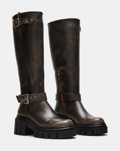 BRIGADE Brown Distressed Women's Knee-High Moto Lug Boot | Steve Madden