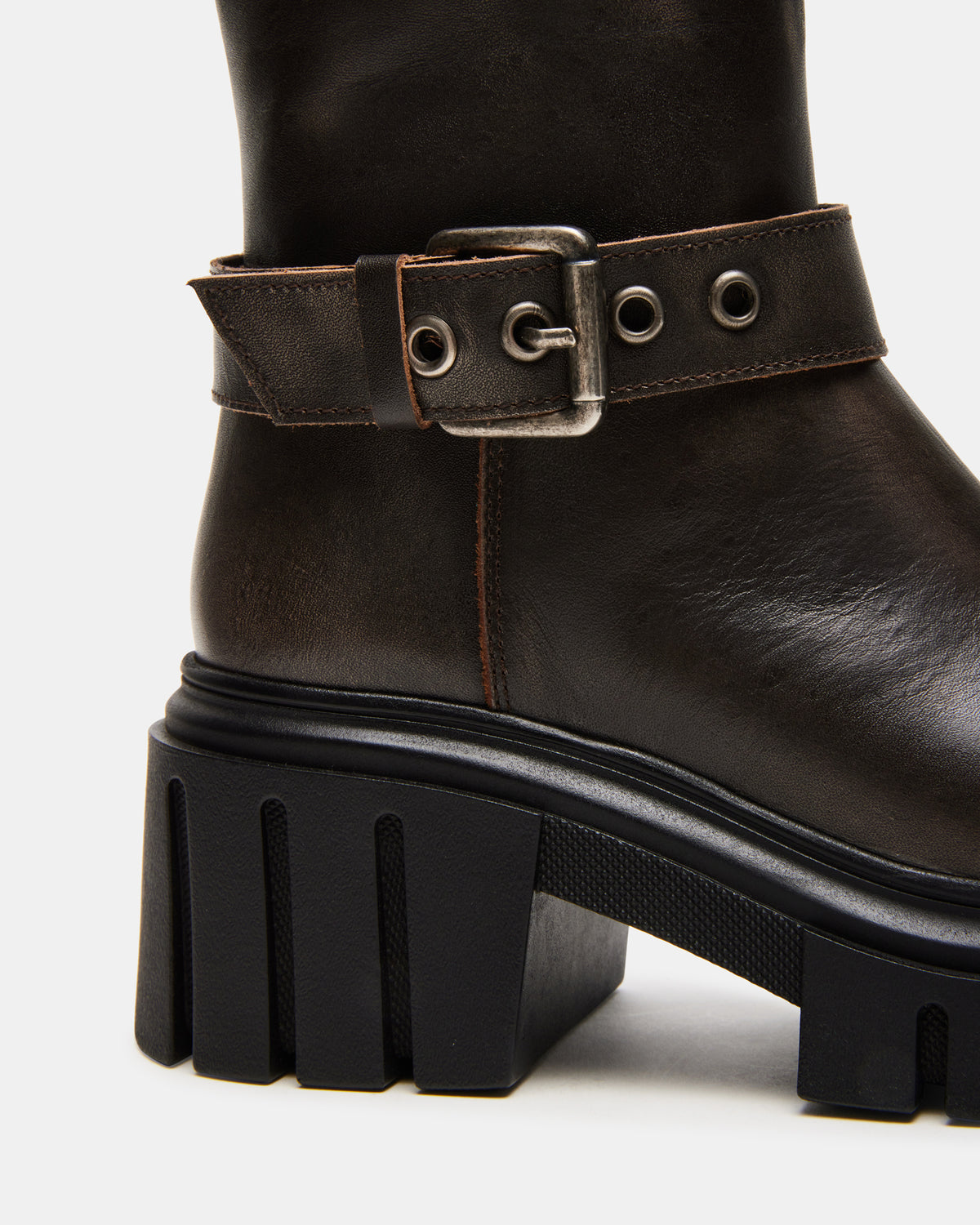 BRIGADE Brown Distressed Women's Knee-High Moto Lug Boot | Steve Madden
