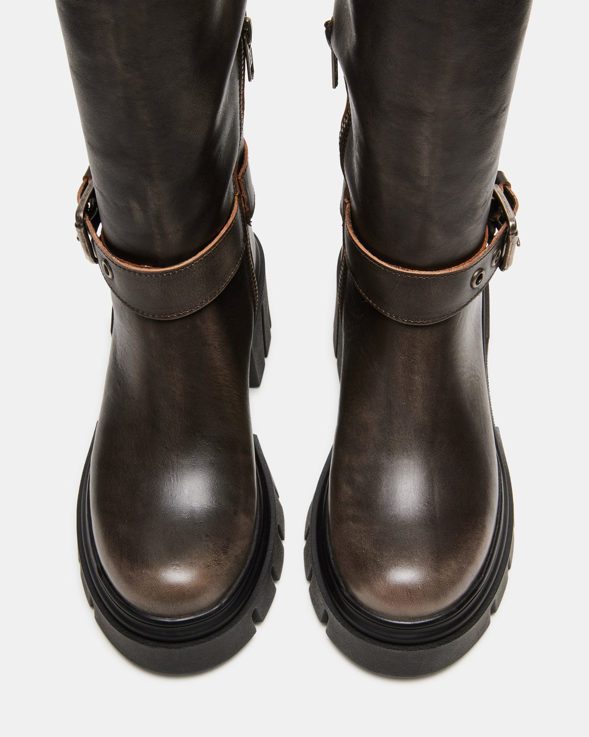 BRIGADE Brown Distressed Women's Knee-High Moto Lug Boot | Steve Madden