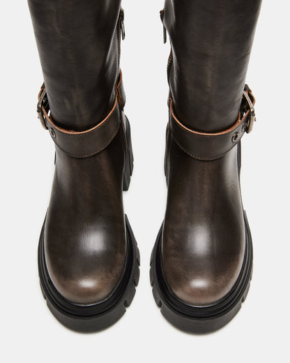 BRIGADE Brown Distressed Women's Knee-High Moto Lug Boot | Steve Madden