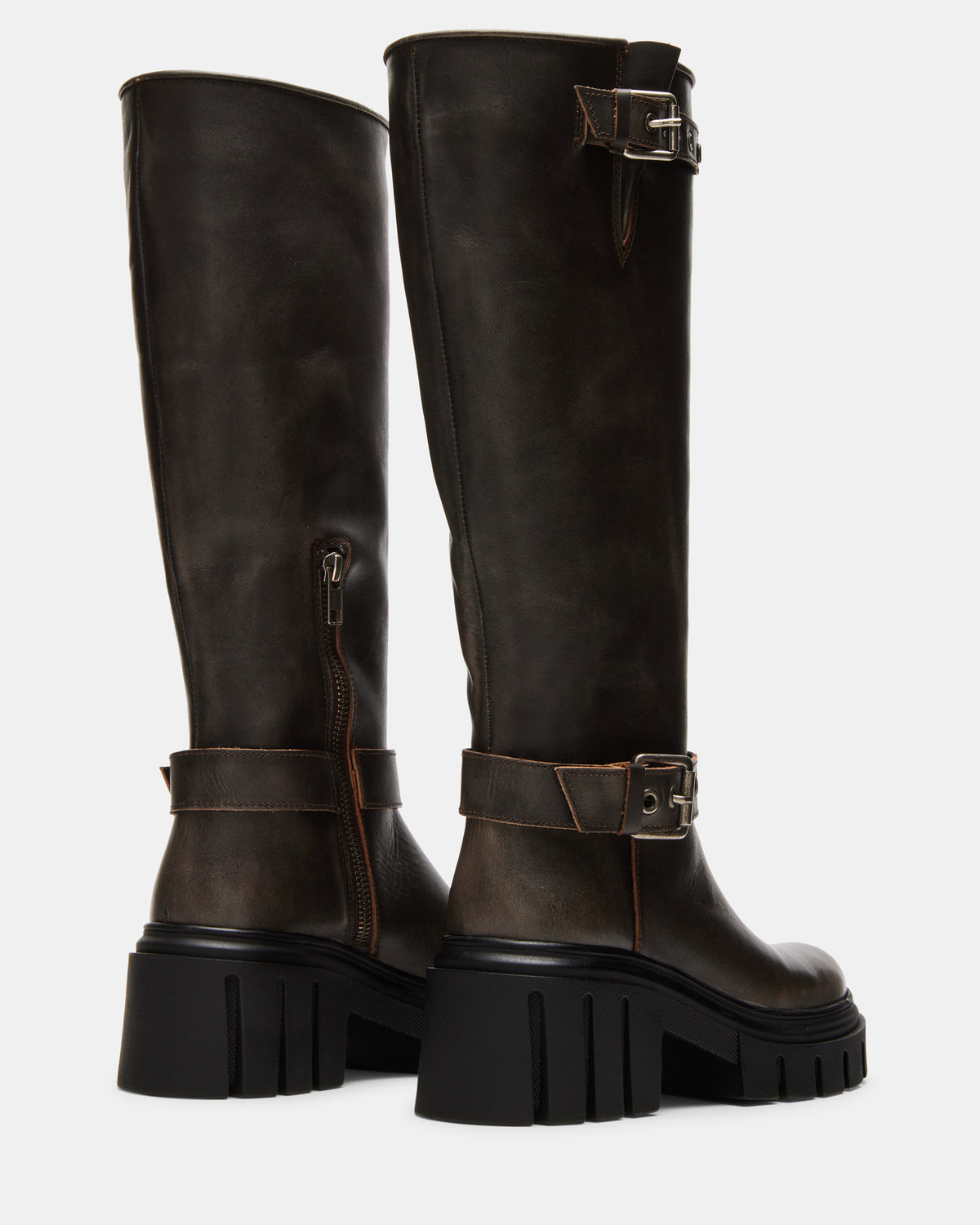 BRIGADE Brown Distressed Women's Knee-High Moto Lug Boot | Steve Madden