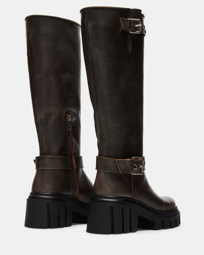 BRIGADE Brown Distressed Women's Knee-High Moto Lug Boot | Steve Madden