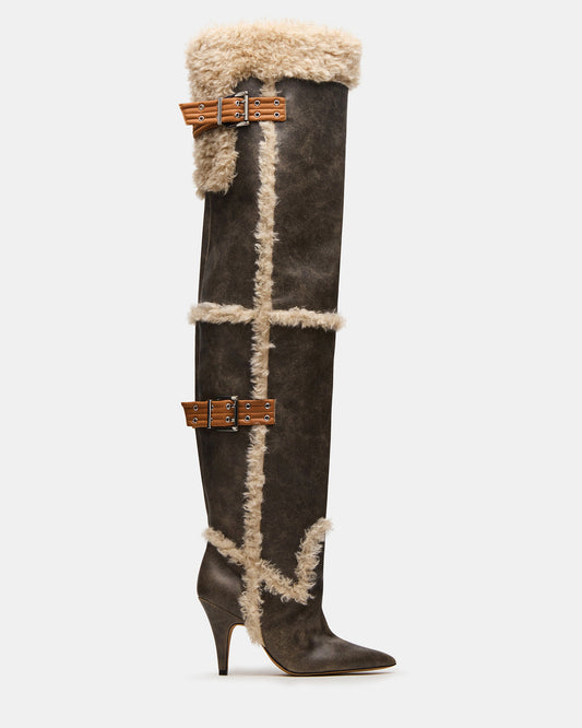 BADDIE Faux Fur Brown Distressed Over-The-Knee Moto Women's Boot | Steve Madden