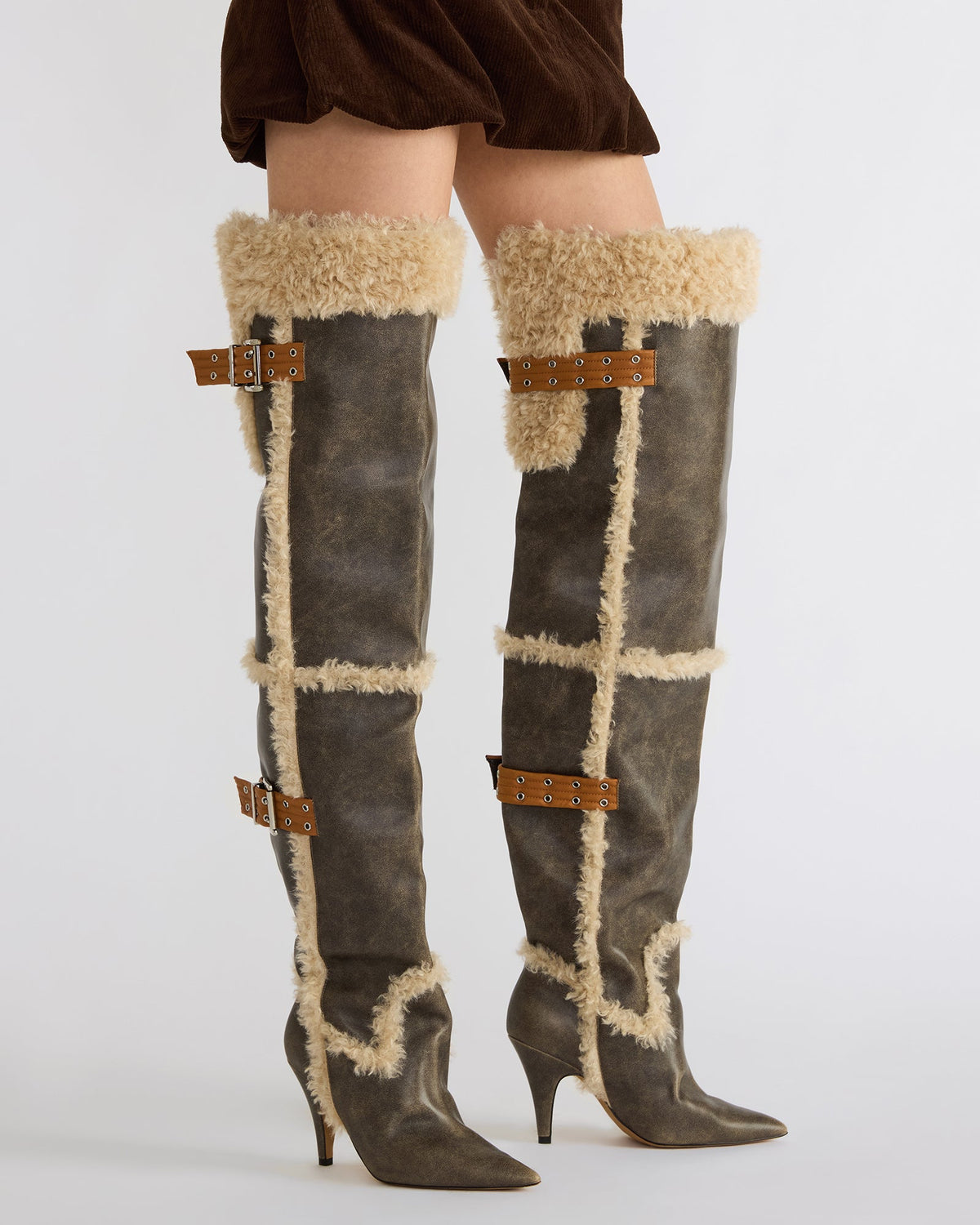 BADDIE Faux Fur Brown Distressed Over-The-Knee Moto Women's Boot | Steve Madden