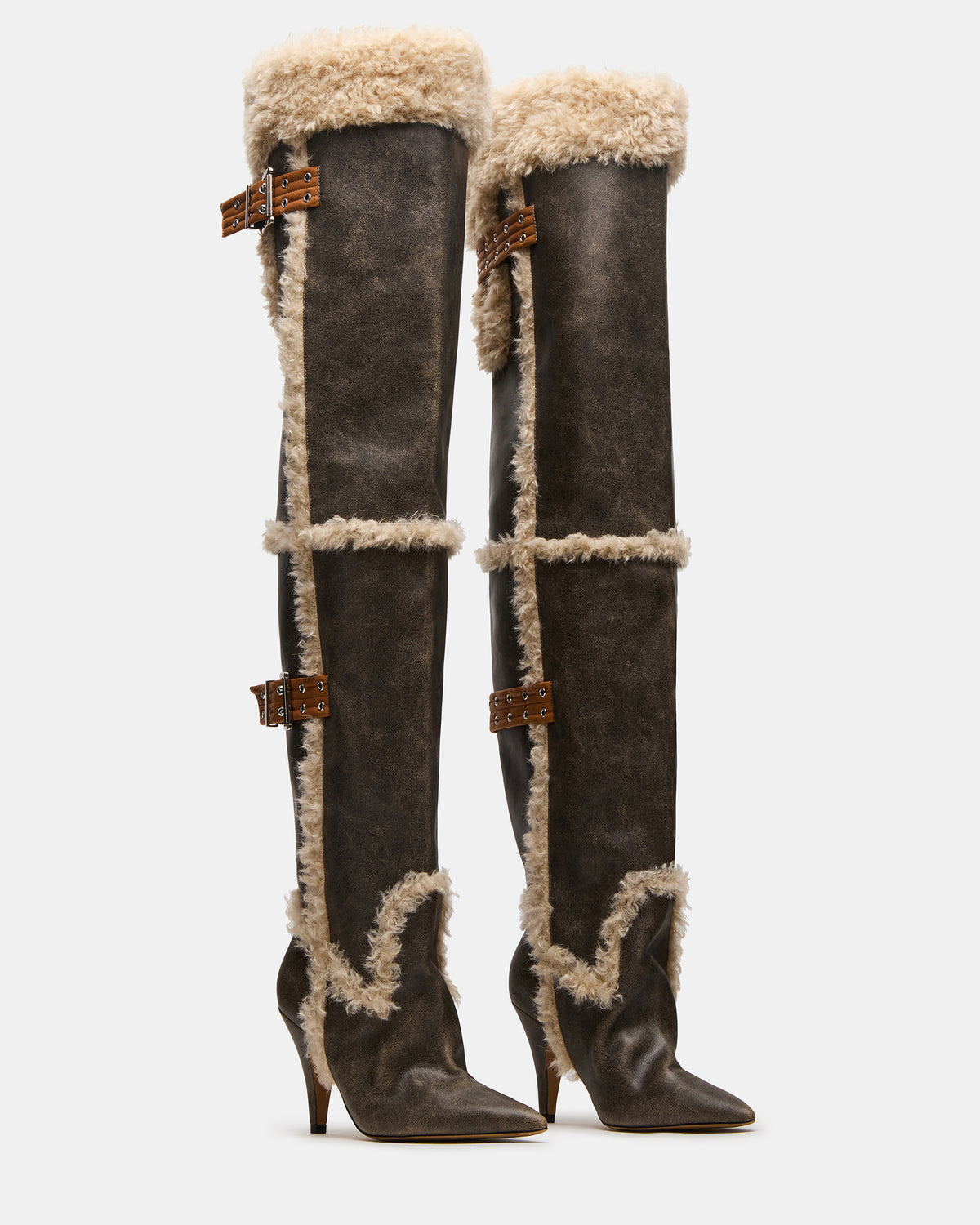 BADDIE Faux Fur Brown Distressed Over-The-Knee Moto Women's Boot | Steve Madden
