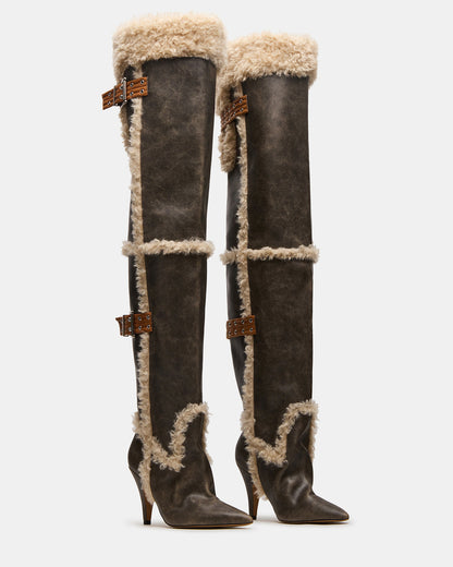 BADDIE Faux Fur Brown Distressed Over-The-Knee Moto Women's Boot | Steve Madden