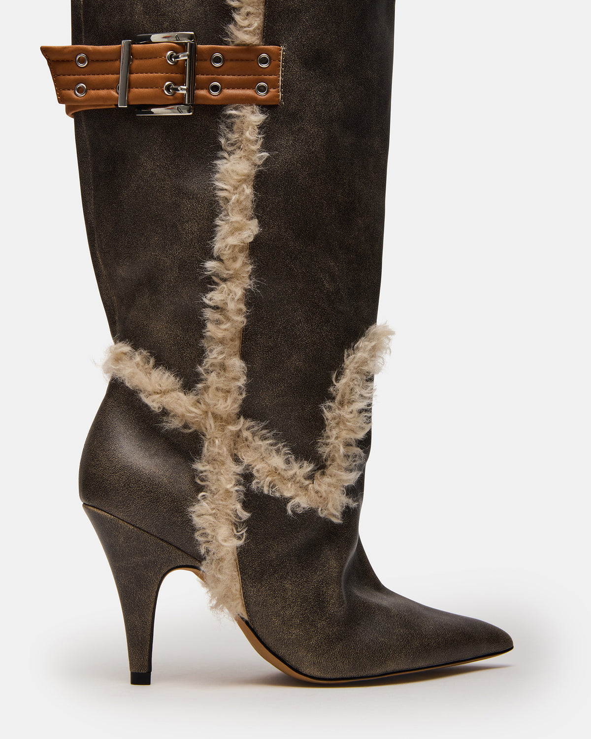 BADDIE Faux Fur Brown Distressed Over-The-Knee Moto Women's Boot | Steve Madden