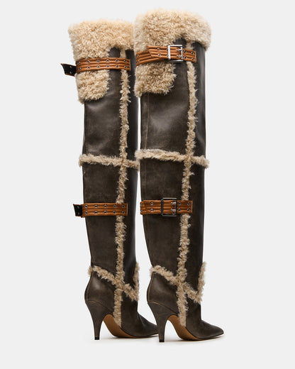 BADDIE Faux Fur Brown Distressed Over-The-Knee Moto Women's Boot | Steve Madden