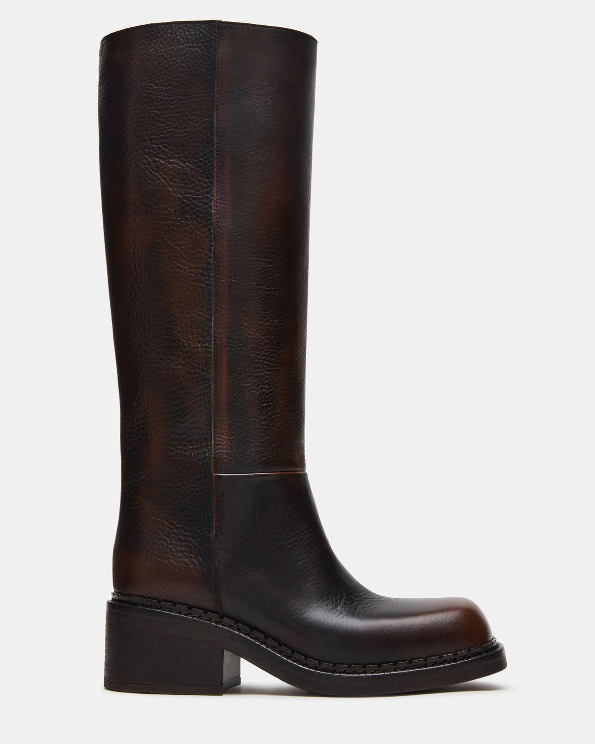 DAVOS Cognac Leather Square-Toe Knee High Block Heel Women's Boot | Steve Madden