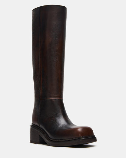 DAVOS Cognac Leather Square-Toe Knee High Block Heel Women's Boot | Steve Madden
