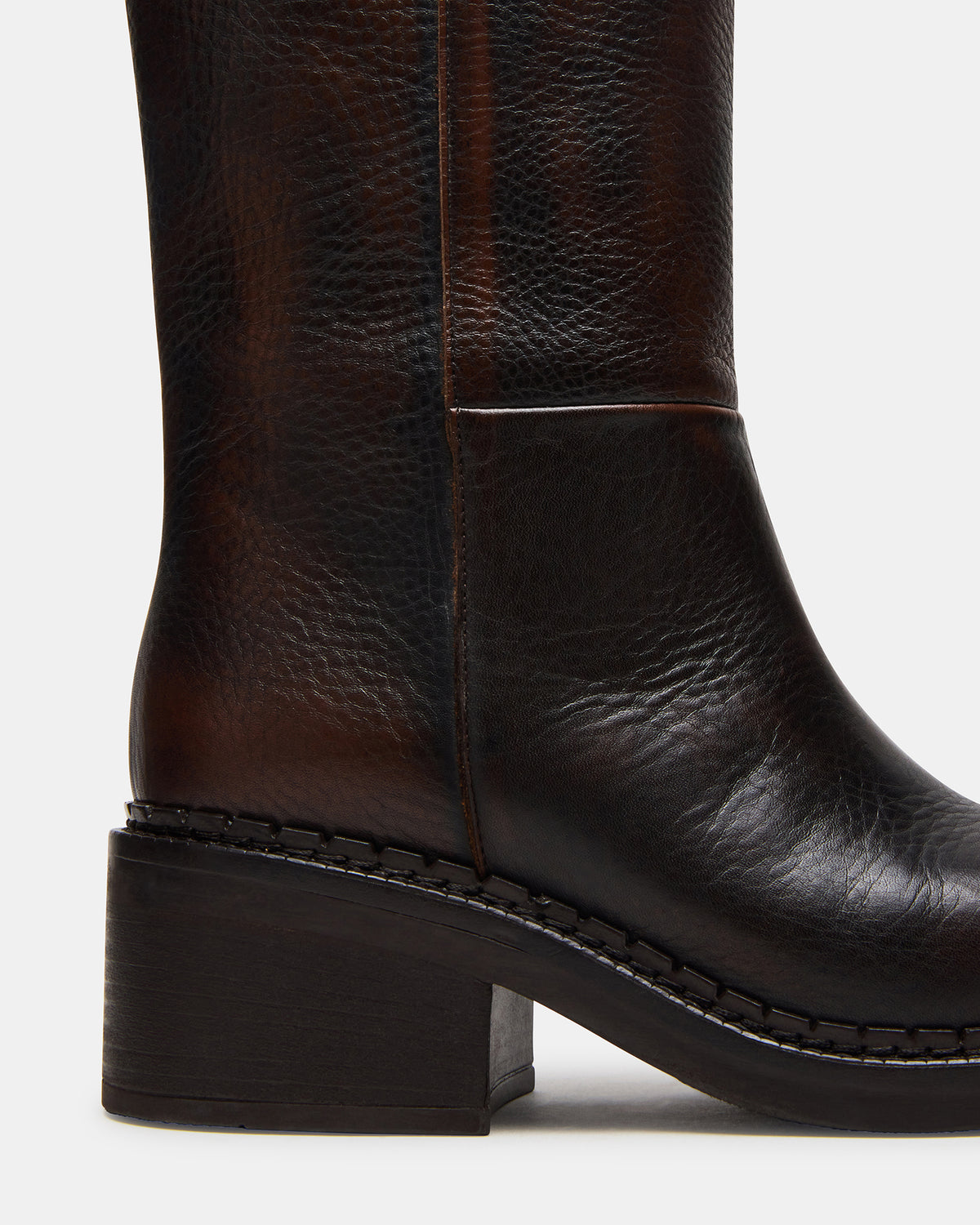 DAVOS Cognac Leather Square-Toe Knee High Block Heel Women's Boot | Steve Madden
