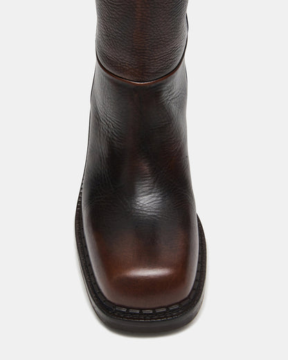 DAVOS Cognac Leather Square-Toe Knee High Block Heel Women's Boot | Steve Madden