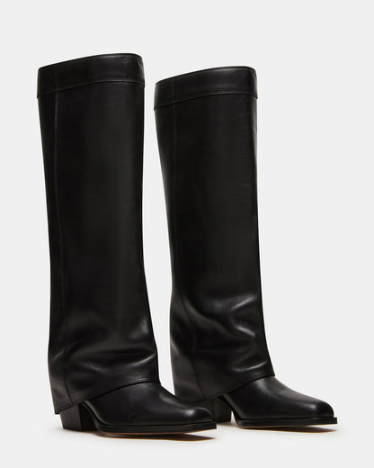 WINNICK Black Leather Knee-High Cuffed Fold-Over Block Heel Women's Boot | Steve Madden