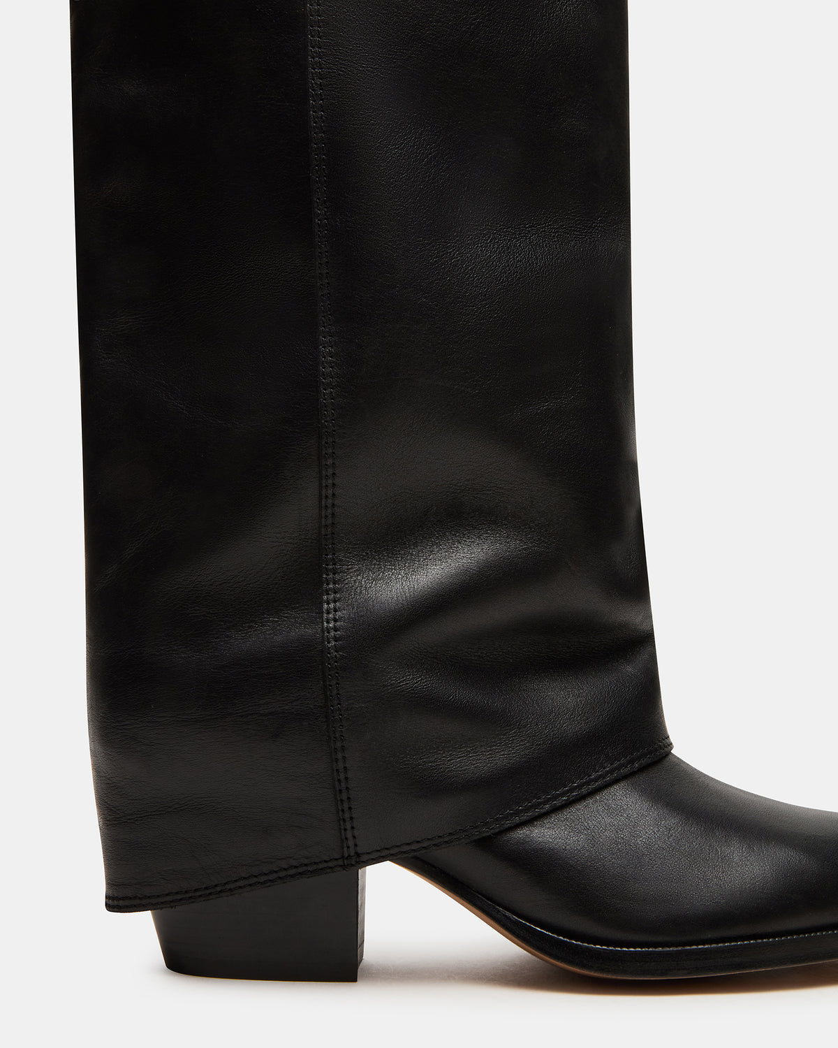 WINNICK Black Leather Knee-High Cuffed Fold-Over Block Heel Women's Boot | Steve Madden