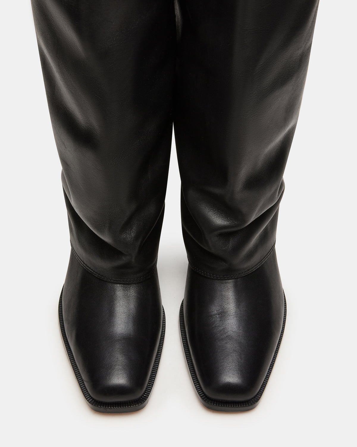WINNICK Black Leather Knee-High Cuffed Fold-Over Block Heel Women's Boot | Steve Madden