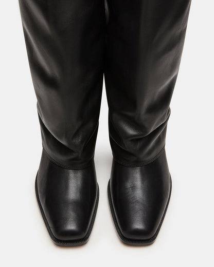 WINNICK Black Leather Knee-High Cuffed Fold-Over Block Heel Women's Boot | Steve Madden