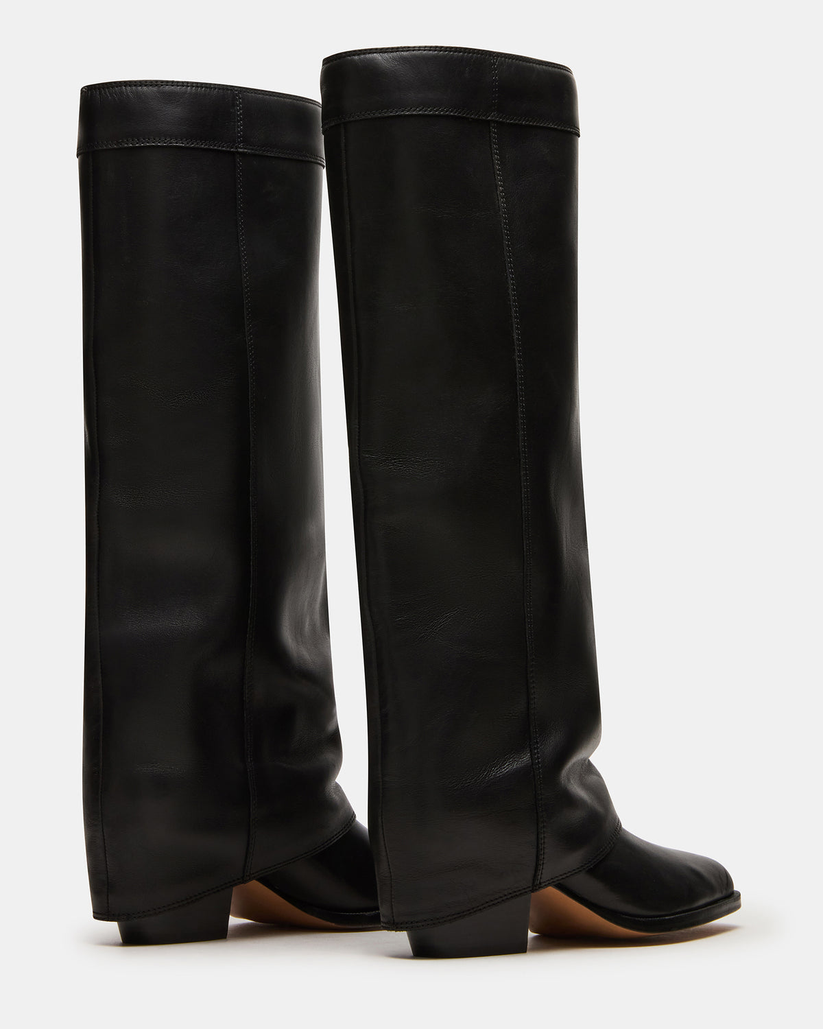 WINNICK Black Leather Knee-High Cuffed Fold-Over Block Heel Women's Boot | Steve Madden