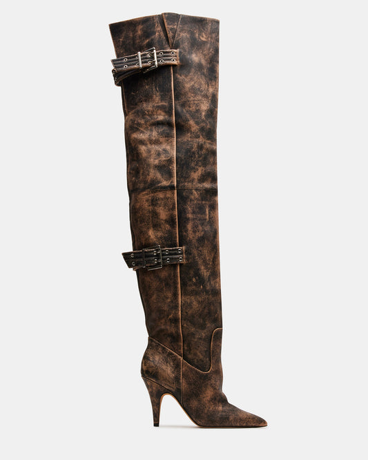 BADDIE Brown Distressed Over-The-Knee Moto Women's Boot | Steve Madden