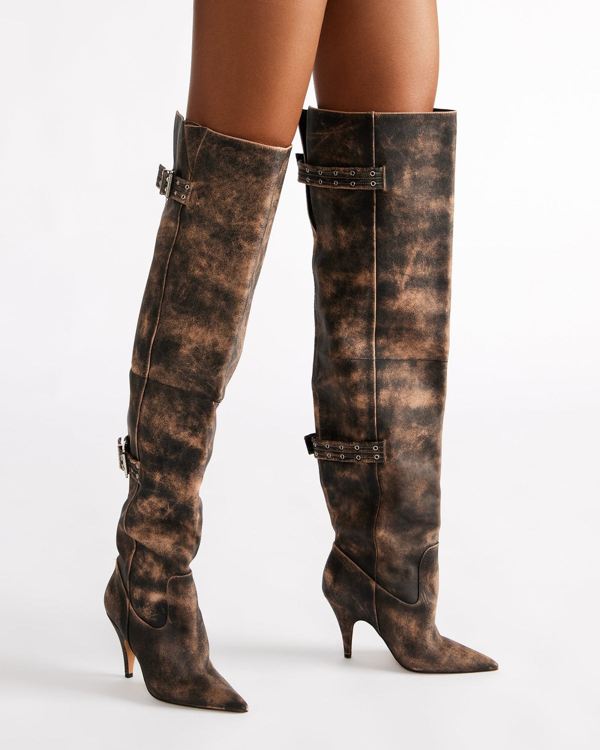 BADDIE Brown Distressed Over-The-Knee Moto Women's Boot | Steve Madden
