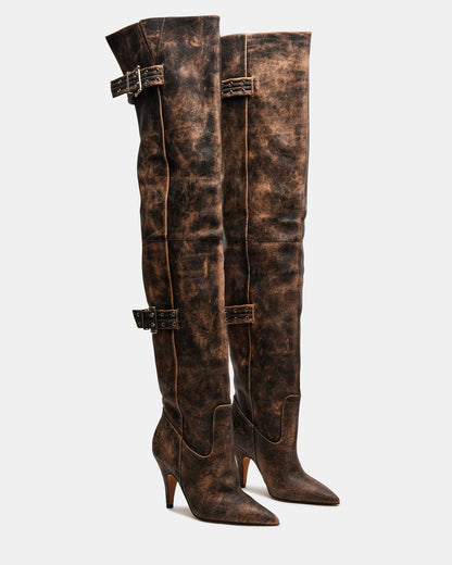 BADDIE Brown Distressed Over-The-Knee Moto Women's Boot | Steve Madden