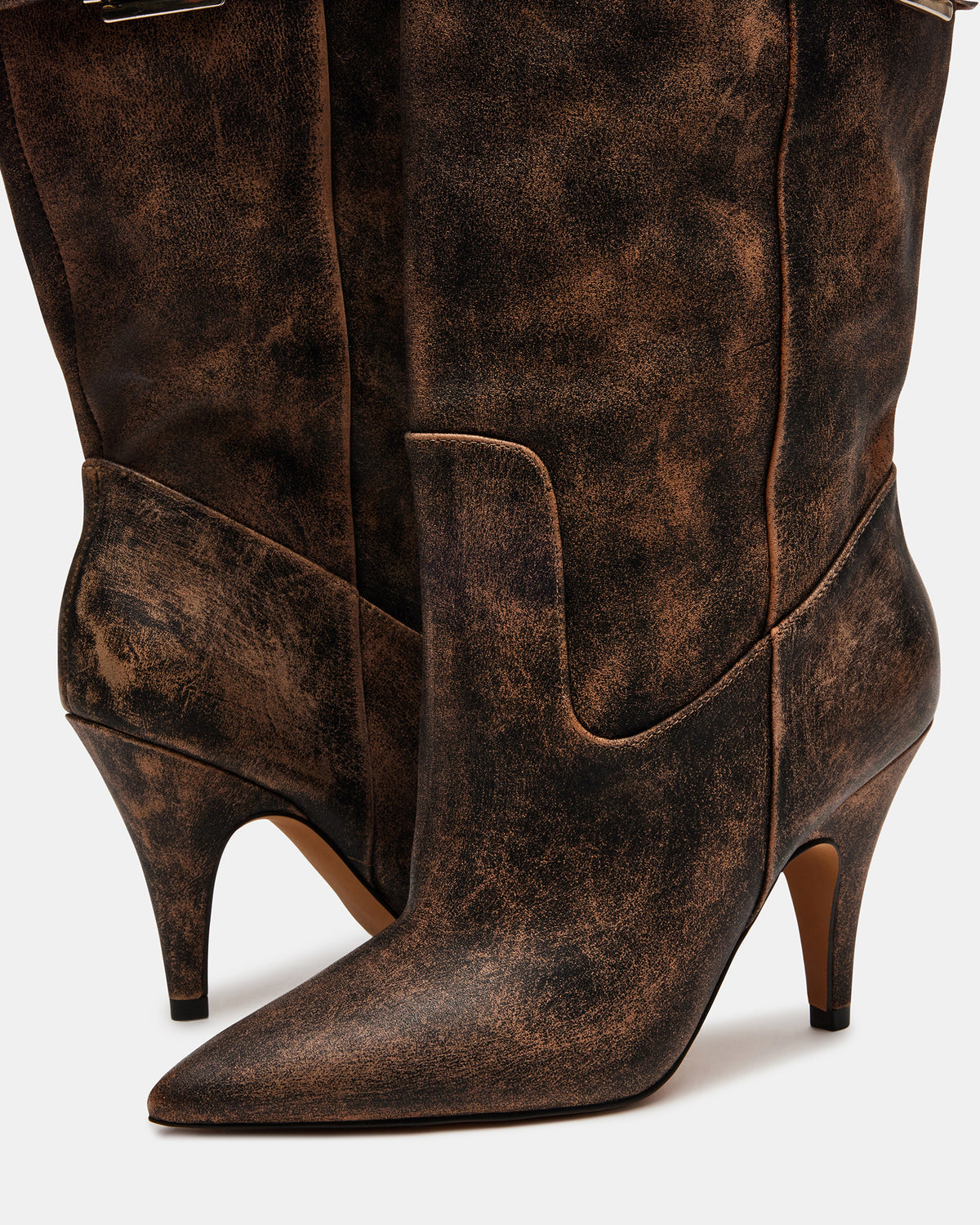 BADDIE Brown Distressed Over-The-Knee Moto Women's Boot | Steve Madden