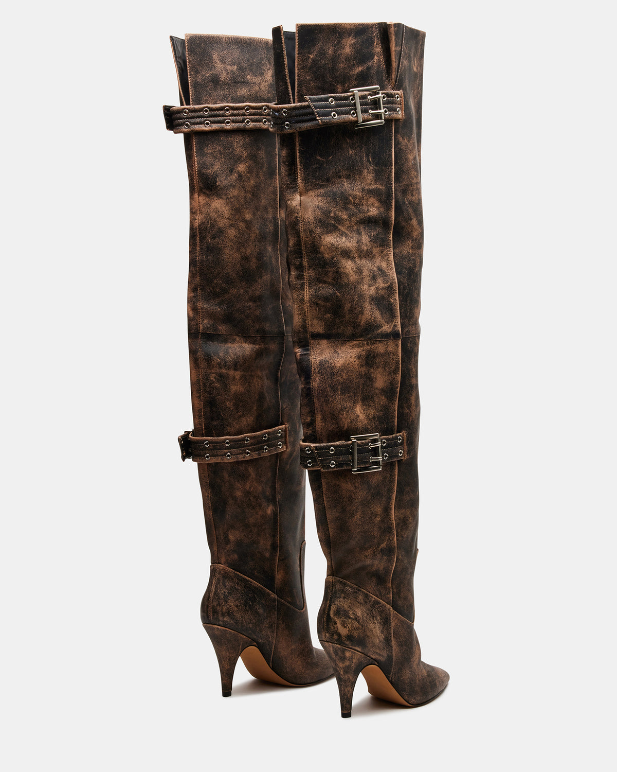 BADDIE Brown Distressed Over-The-Knee Moto Women's Boot | Steve Madden