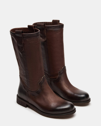 RUBEN Brown Leather Rounded Toe Women's Boot | Steve Madden
