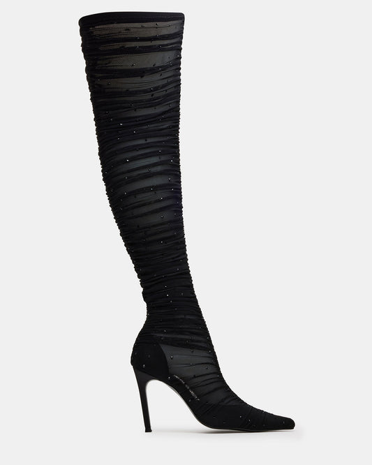 RASHIDA Black Mesh Over-The-Knee Pointed-Toe Rhinestone Stiletto Heel Women's Boot | Steve Madden
